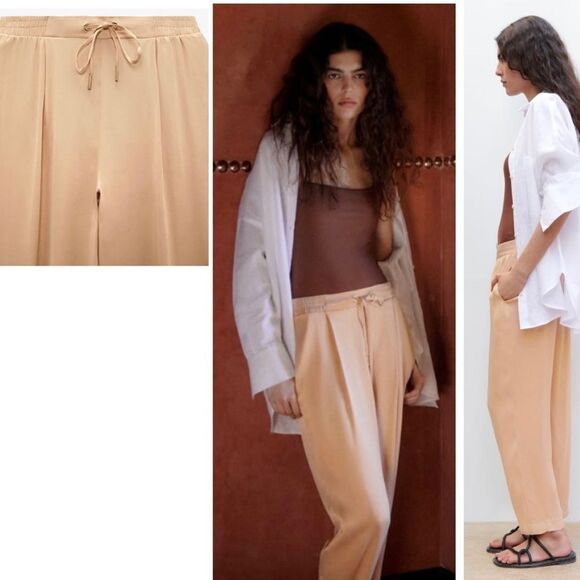 Zara beige pink satin pyjama pants Sz L NWT - Picture 2 of 11